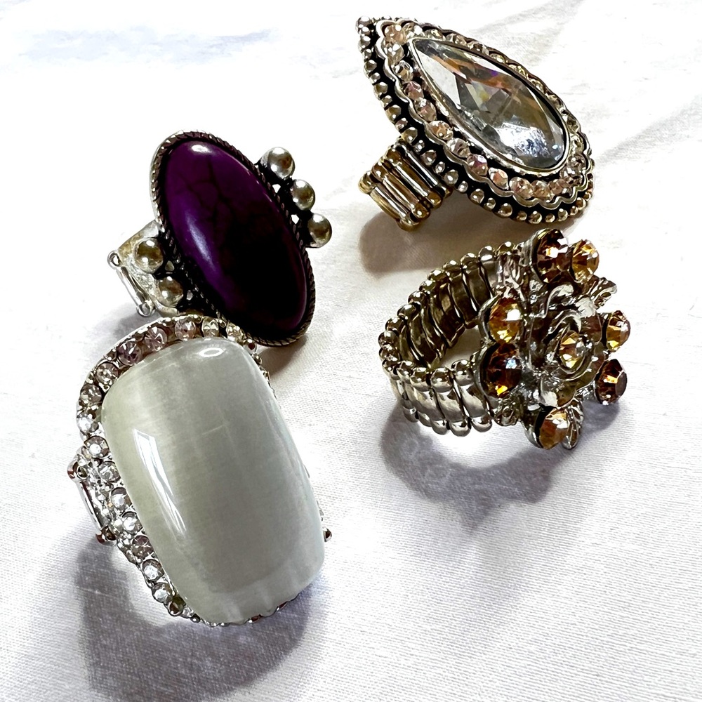 Bundle of Four Adjustable Costume Jeweled Rings~Each Very Unique and Different